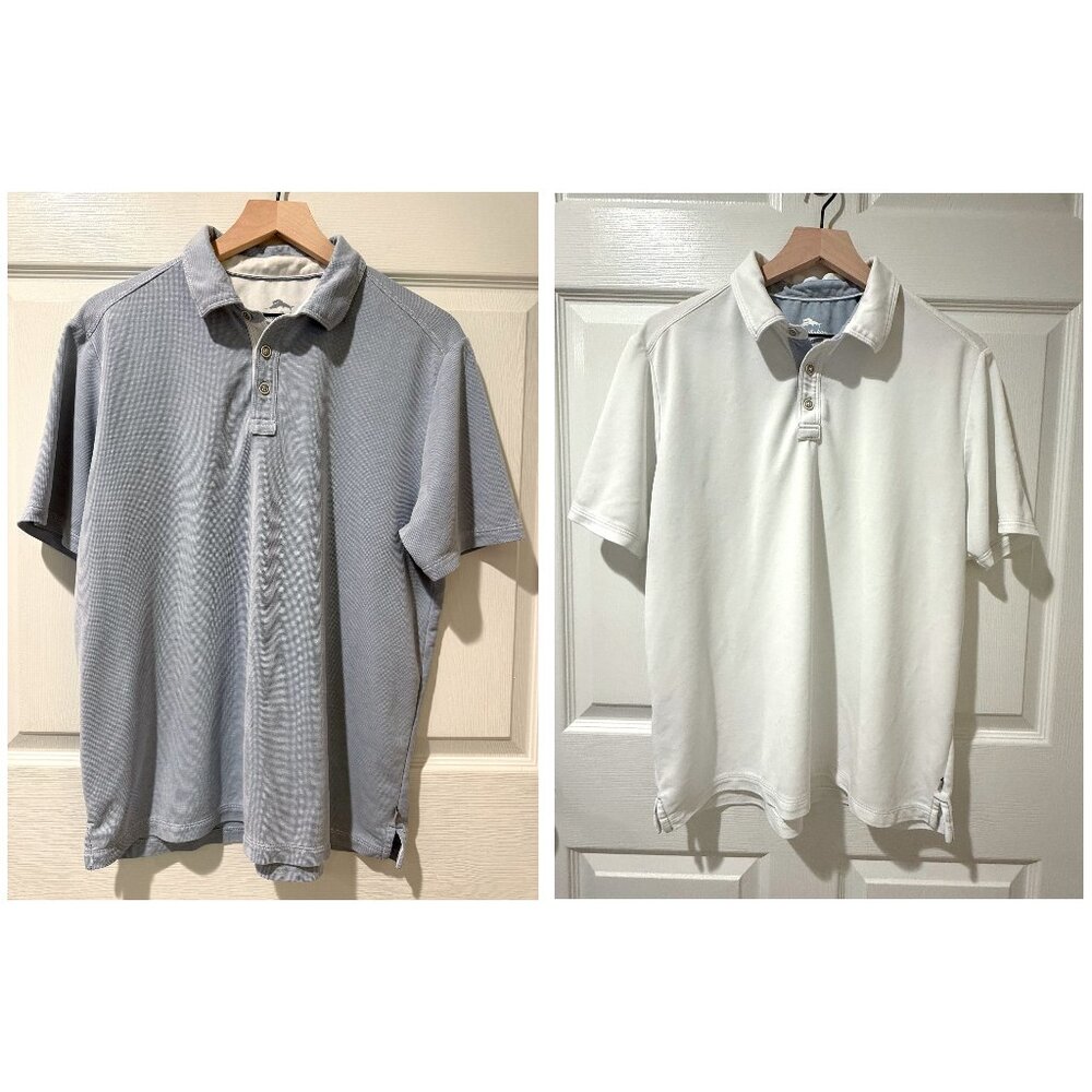Set of Two Tommy Bahama Mens Polo Shirts Gray/BlueBlue & White Size Large EUC